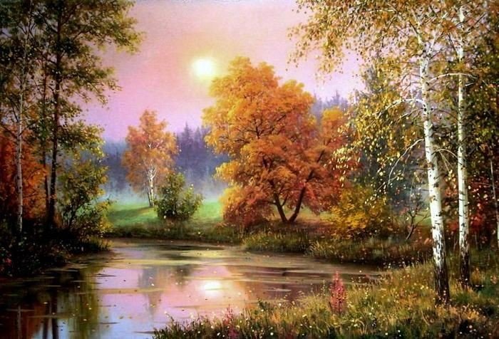 Начало осени - природа, деревья, река, лес, пейзаж, осень - оригинал