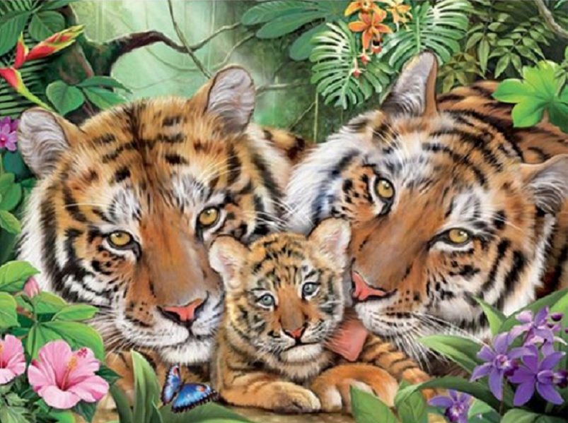 Afamilha de  tigres, - natureza., flores.animais - оригинал