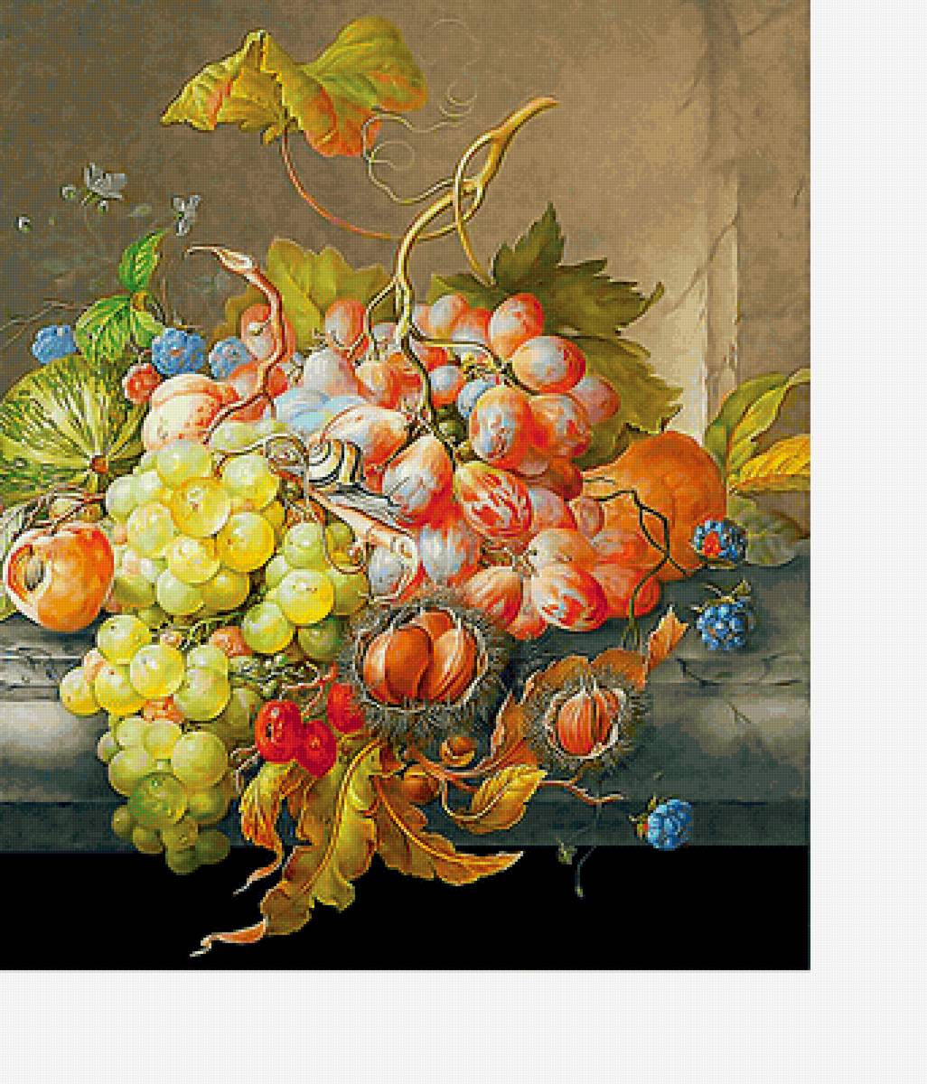 Натюрморт - фрукты, виноград, тыква, каштан - предпросмотр