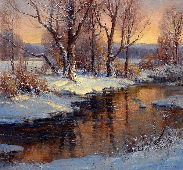 Ранний снег - пейзаж, лес, вода, природа, живопись, снег - оригинал