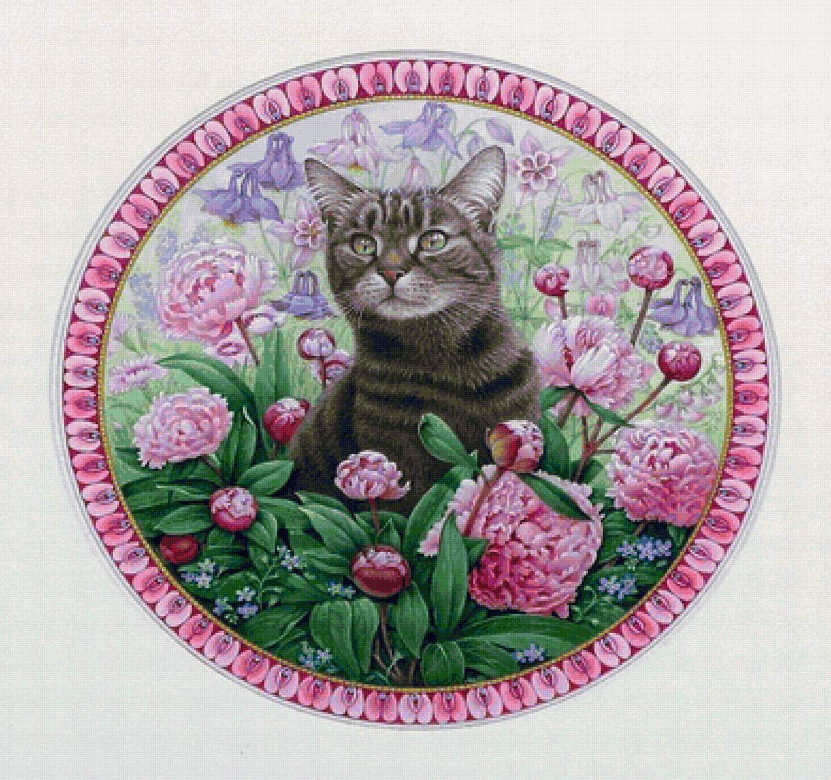 Котик - кошка, цветы, иллюстрация, котик - предпросмотр