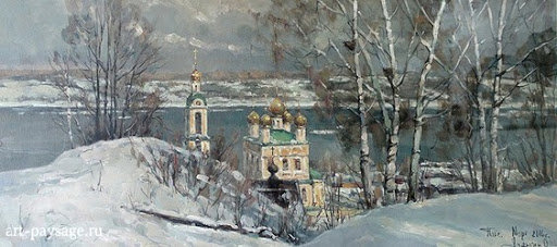 пейзаж с церковью - природа, пейзаж, церковь, живопись, зима, картина - оригинал