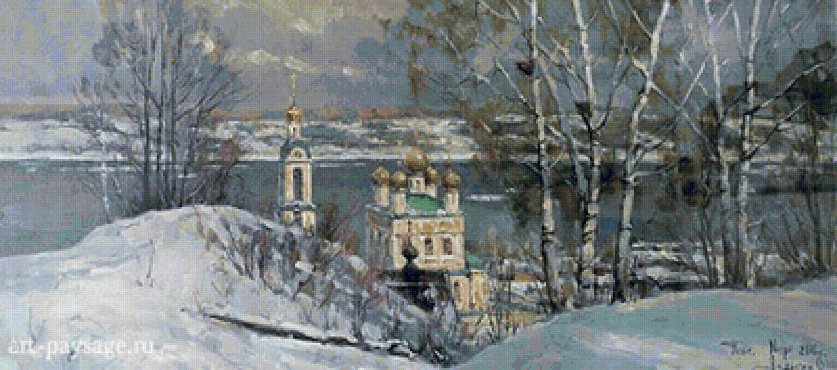 пейзаж с церковью - природа, зима, живопись, картина, церковь, пейзаж - предпросмотр