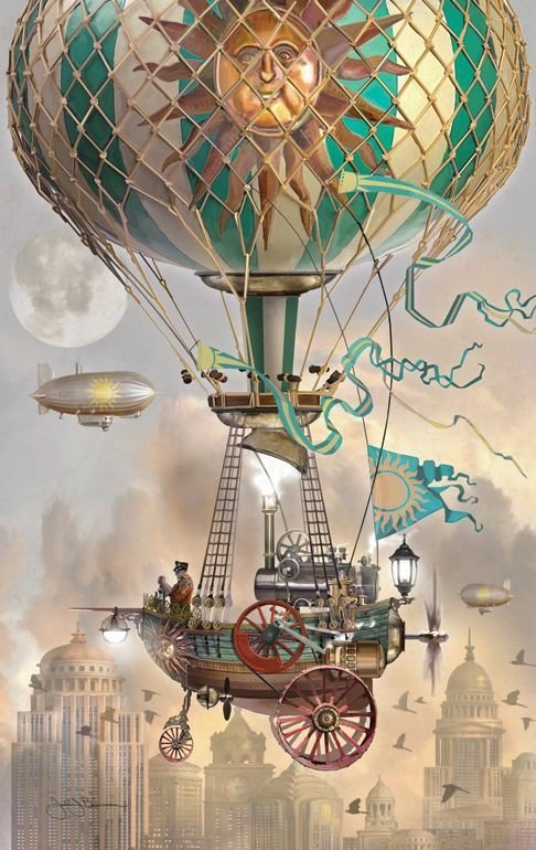 №2241619 - стимпанк, воздушный шар, город, птицы, люди - оригинал