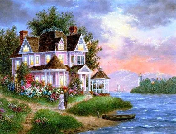 Дом у реки - река, пара, маяк, цветы, дом - оригинал