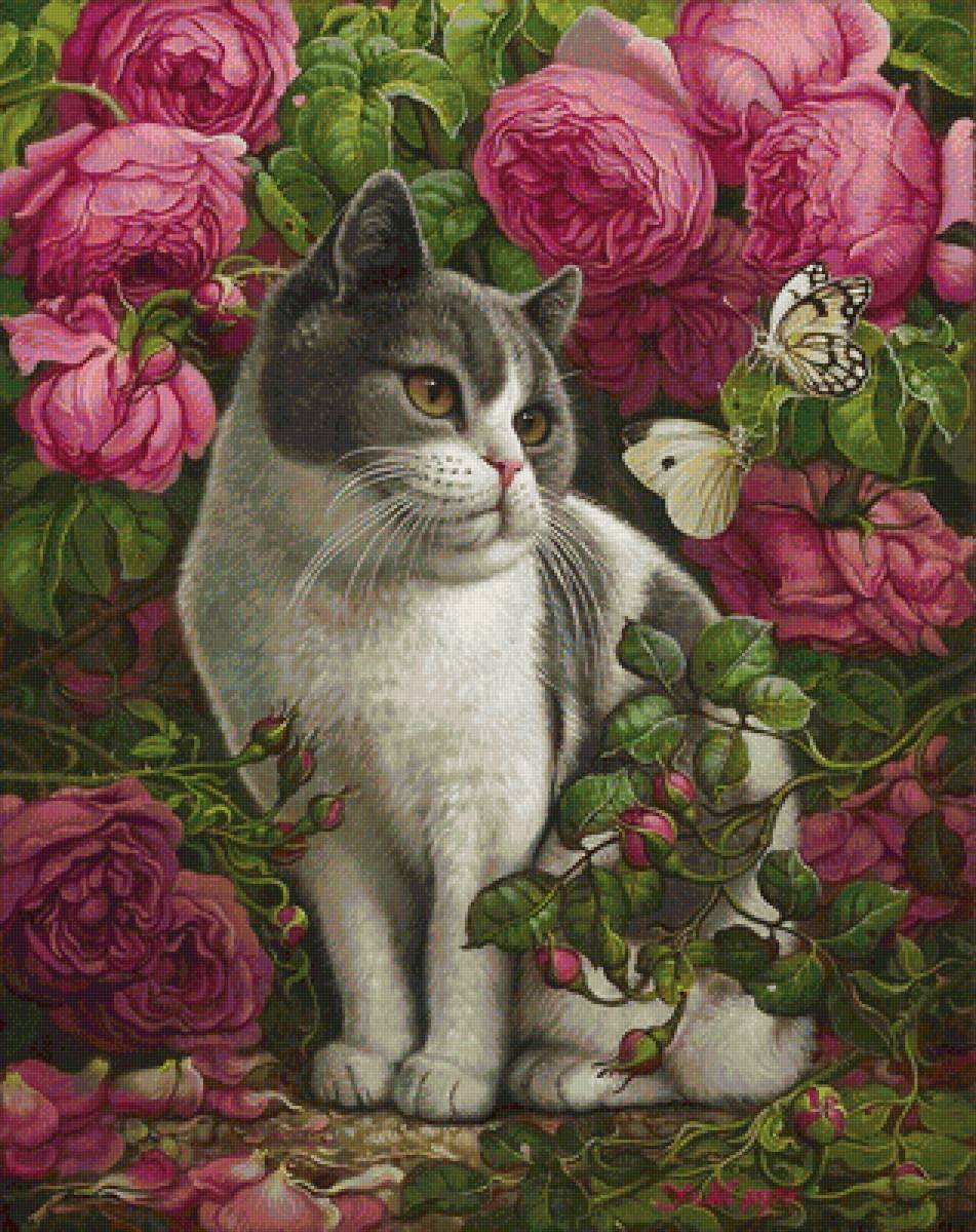 Кот в пионах - животное, кот, цветы, пионы - предпросмотр