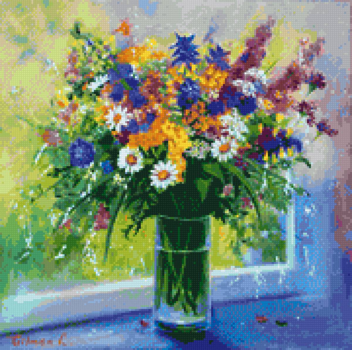 Букет у окна в июле - ваза, натюрморт, живопись, букет, окно, полевые цветы, травы - предпросмотр