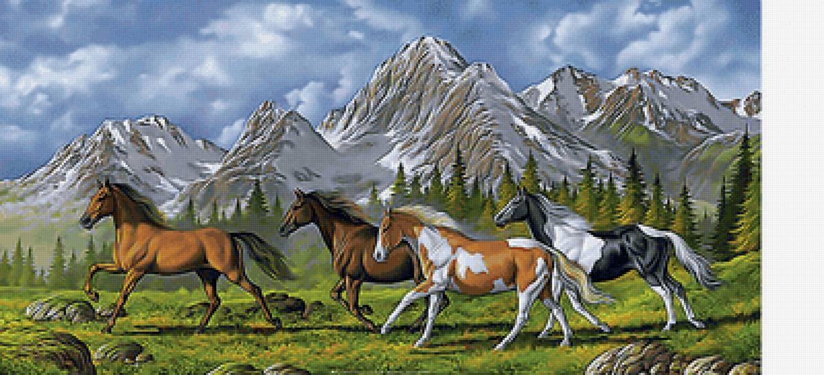 Лошади - пейзаж, животные, горы, лошади - предпросмотр