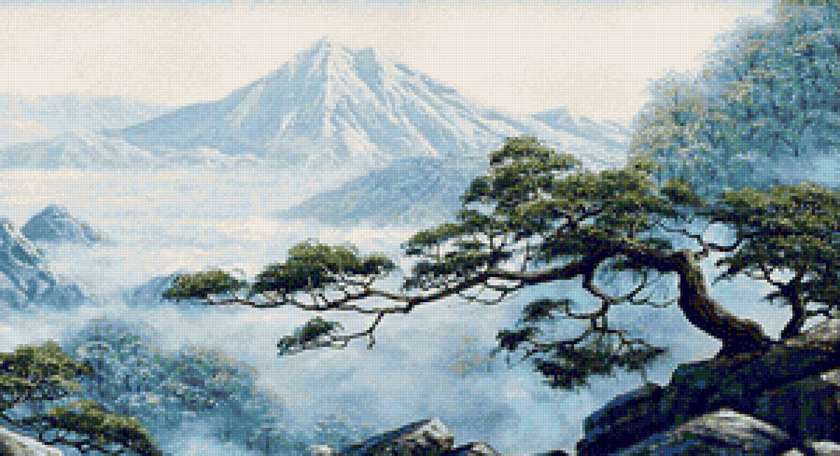 горный пейзаж (бленды) - горный пейзаж, ветка, зима, дерево, горы - предпросмотр