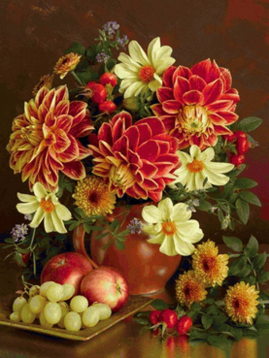 НАТЮРМОРТ - цветы, виноград, шиповник, яблоки - предпросмотр