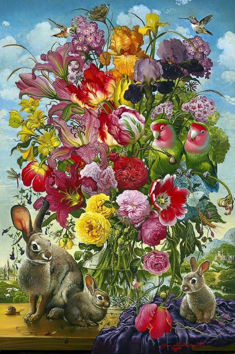 натюрморт - зайцы, птицы, ваза, цветы - оригинал