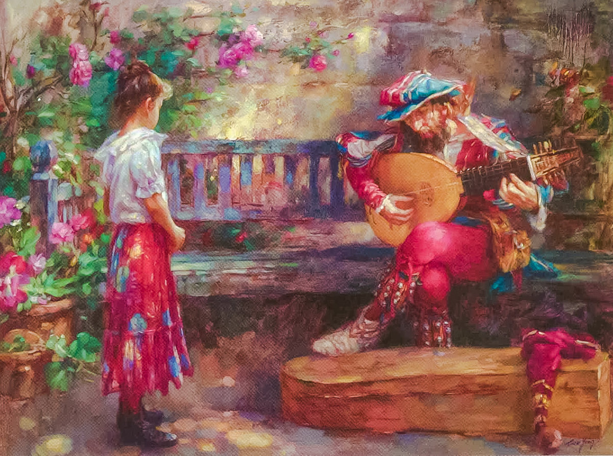 Girl with Musician. - cao yong painter.scenary.people. - оригинал