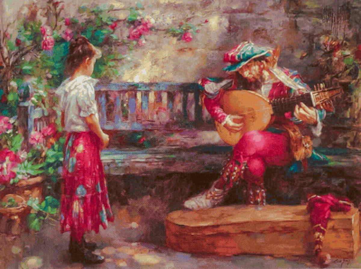 Girl with Musician. - cao yong painter.scenary.people. - предпросмотр