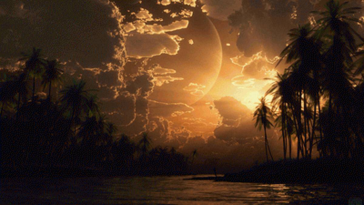 вечер в тропиках - луна . море . пальмы - предпросмотр