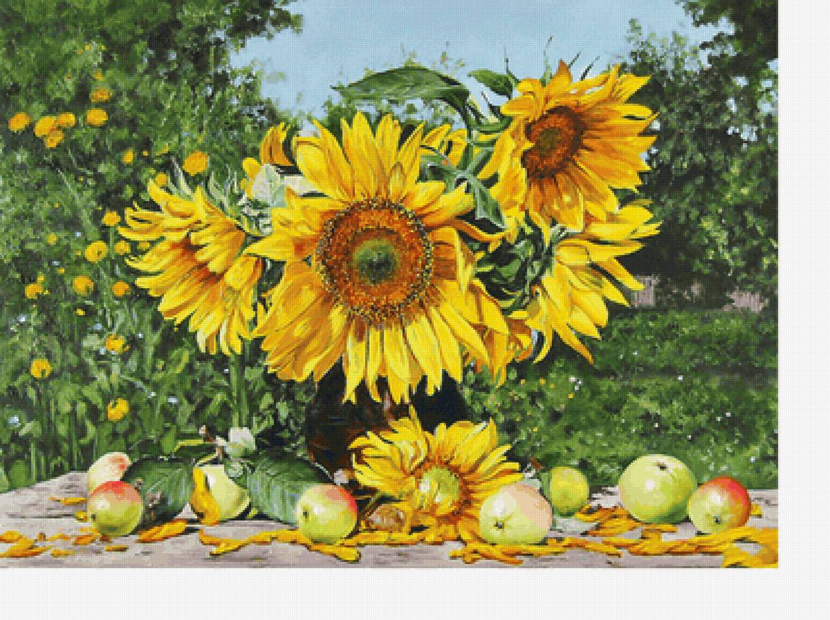 Серия "Деревенский натюрморт" - яблоки, натюрморт, подсолнухи - предпросмотр