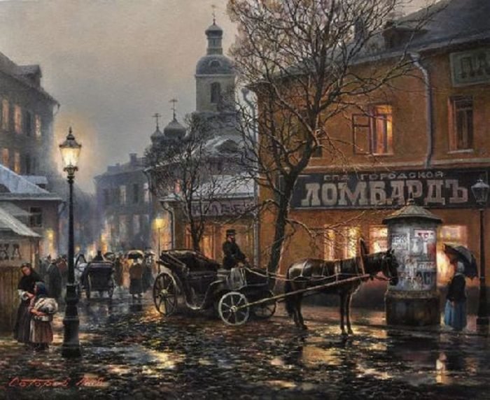арбат худ М.Сатаров - картина, старая москва, городской пейзаж, 19 век - оригинал