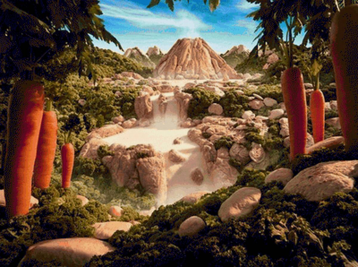 КАРЛ УОРНЕР. ВУПКАН И МОЛОЧНАЯ РЕКА В ОВОЩНЫХ ДЖУНГЛЯХ - картины, еда - предпросмотр