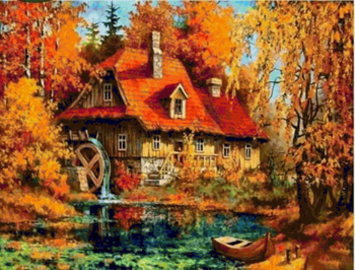 Krajobraz jesienny - krajobraz, widok, jesień, dom - предпросмотр