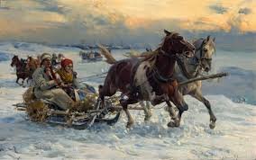 катание на санях худ.Альфред Варуш-Ковальски - зима, лошади, люди, картина - оригинал