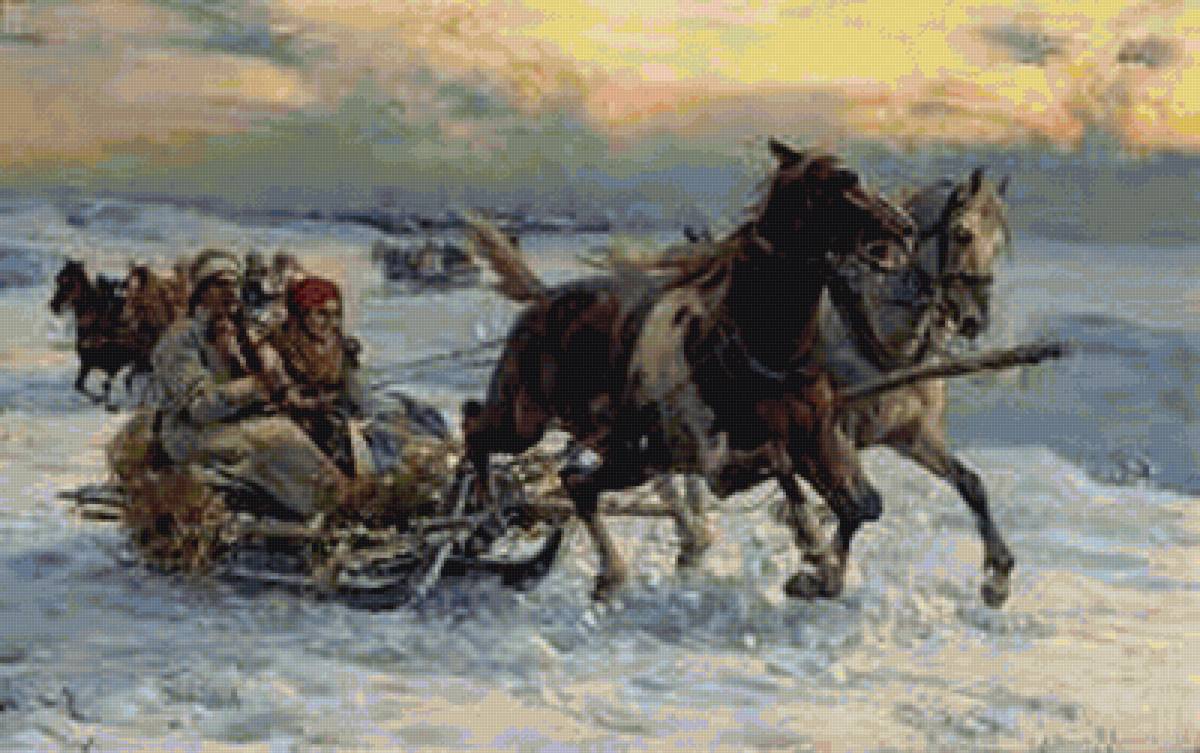 катание на санях худ.Альфред Варуш-Ковальски - картина, лошади, зима, люди - предпросмотр