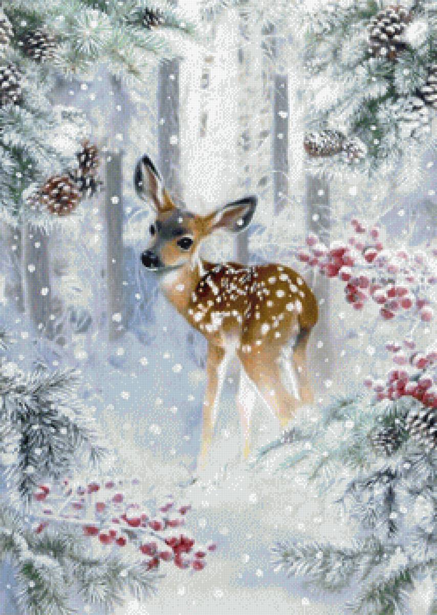 Оленёнок в лесу зимой - олененок, зима, лес - предпросмотр