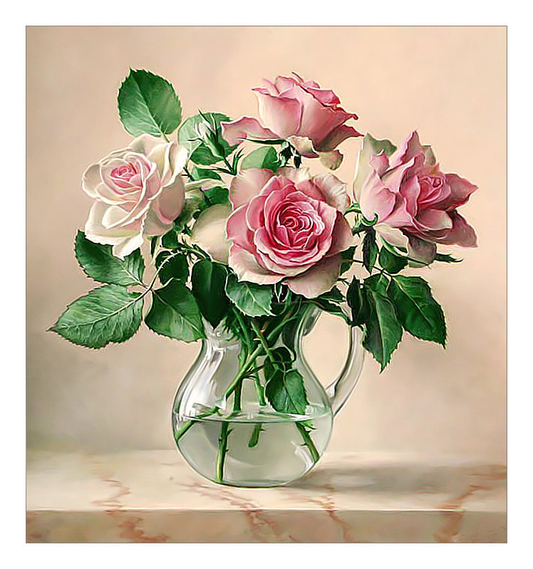 Розовые розы. - ваза, розы, букет, цветы, живопись - оригинал
