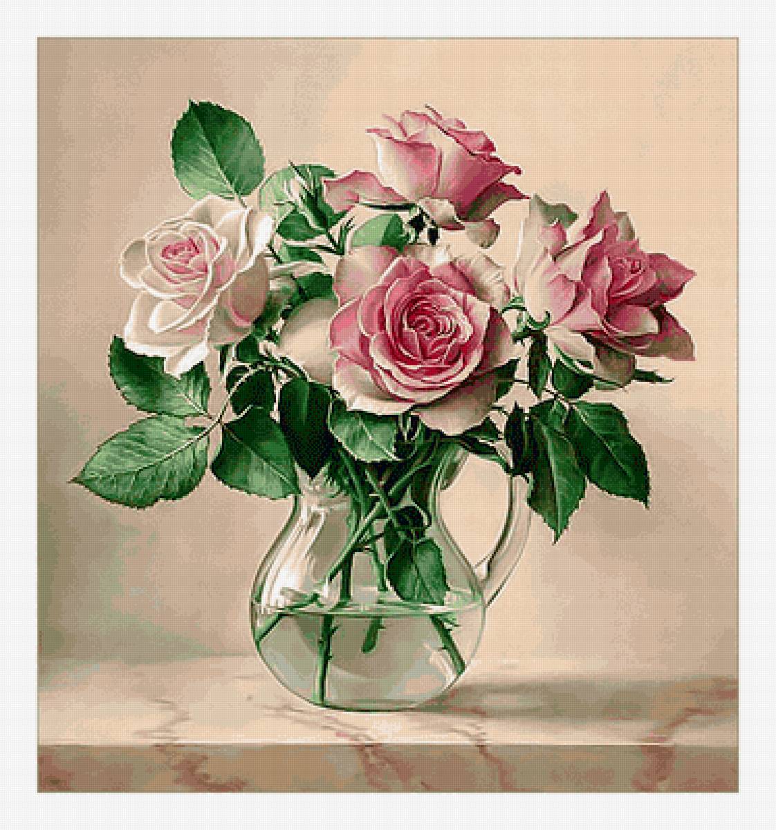 Розовые розы. - цветы, розы, ваза, живопись, букет - предпросмотр