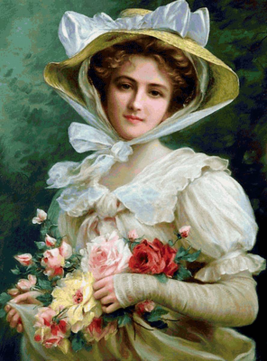 Нежна как роза (Эмиль Вертон) - розы, девушка, портрет - предпросмотр