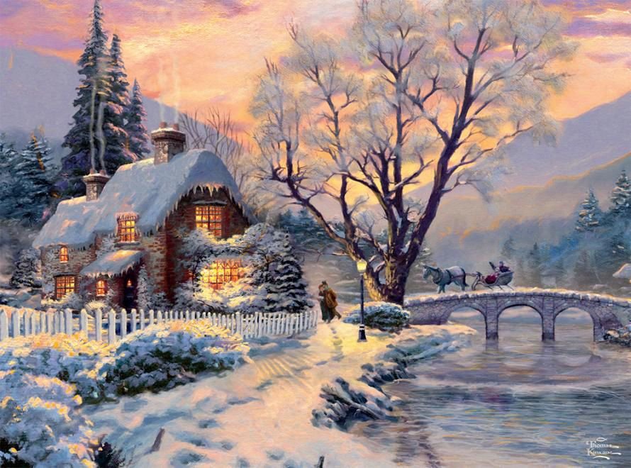 Волшебная зима - река, пейзаж, домик, мост, зима - оригинал