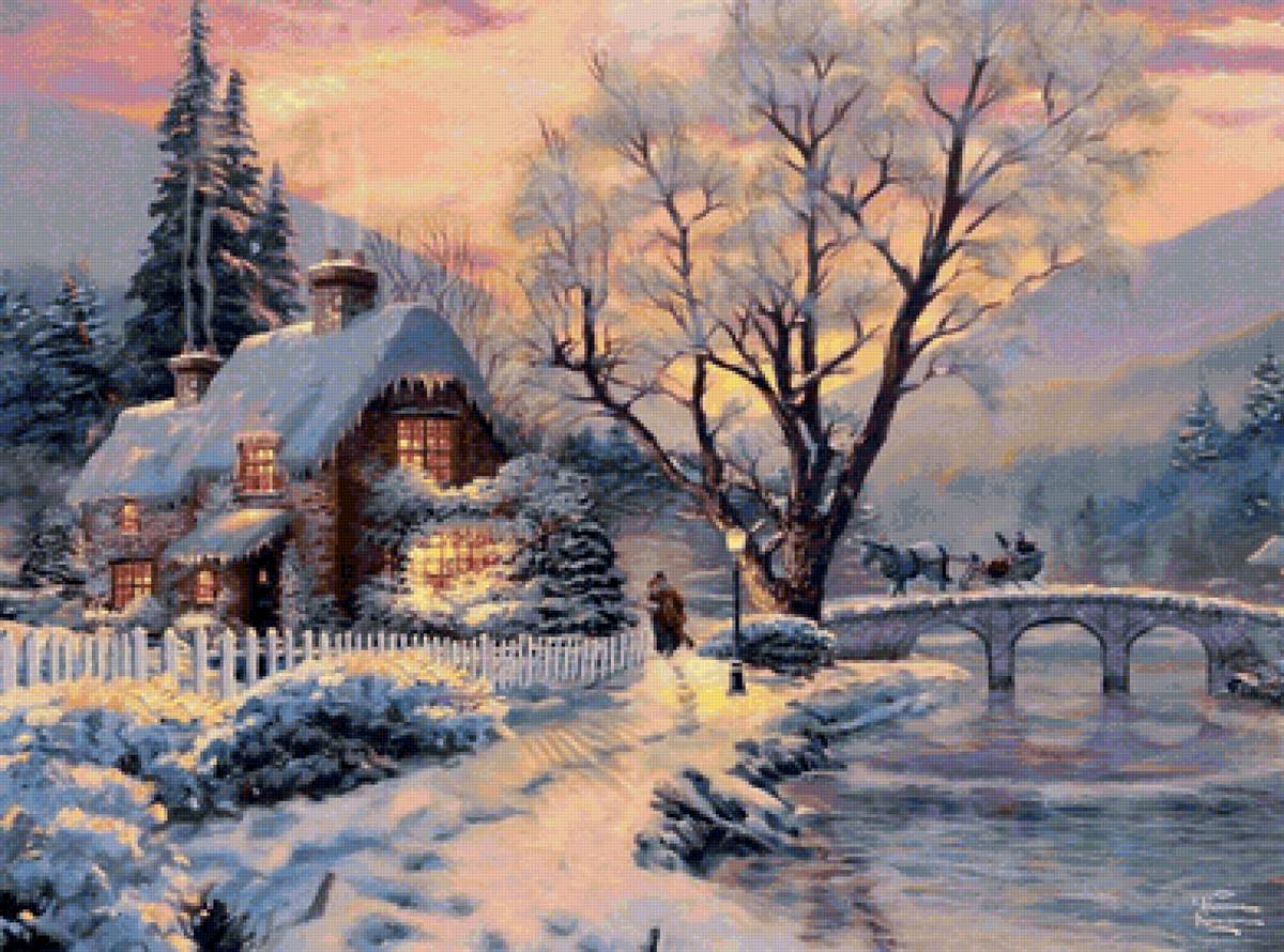 Волшебная зима - зима, мост, река, домик, пейзаж - предпросмотр