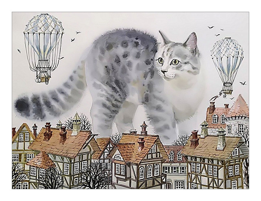 Котик, который гуляет сам по себе. - кот, небо, кошка, город, воздушный шар, домик - оригинал