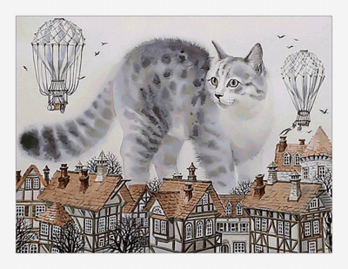 Котик, который гуляет сам по себе. - воздушный шар, кошка, небо, кот, домик, город - предпросмотр