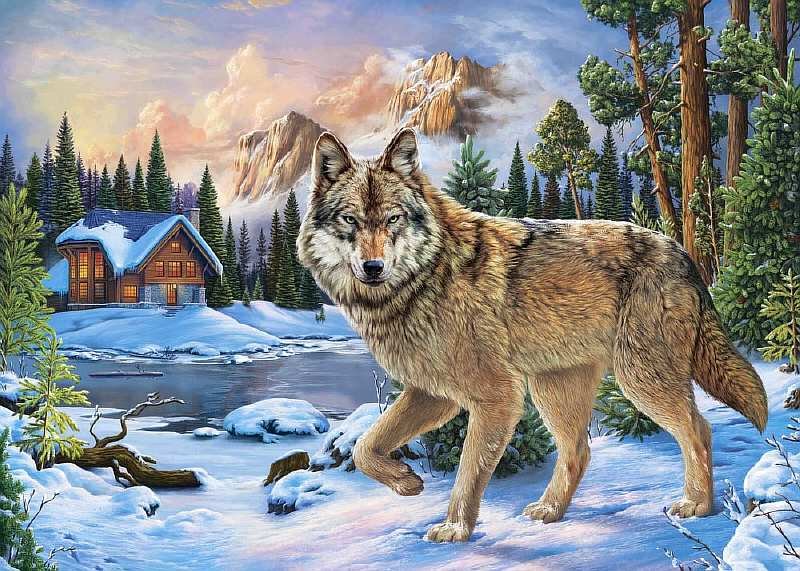 Lobo. - inverno., casa, montanhas, animais - оригинал