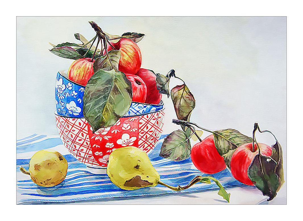 Натюрморт с яблоками и грушами. - натюрморт, яблоки, фрукты, живопись, груши - оригинал