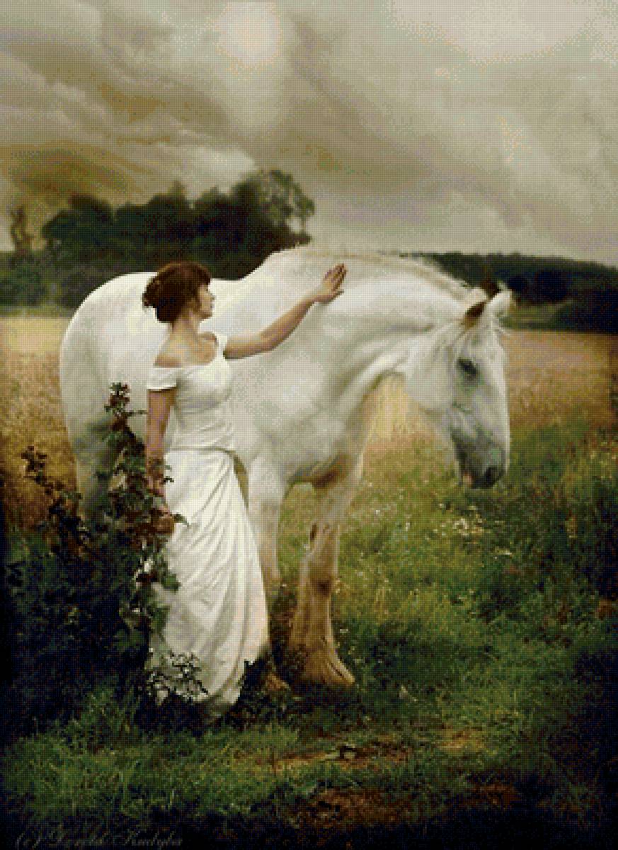 В белом - поле, девушка, лошадь - предпросмотр