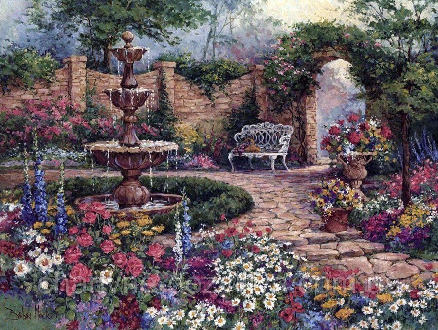 Дворик - дворик, скамейка, фонтан - оригинал