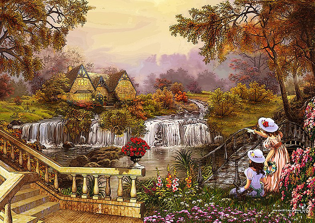 Пейзаж - дом, водопад, люди - оригинал