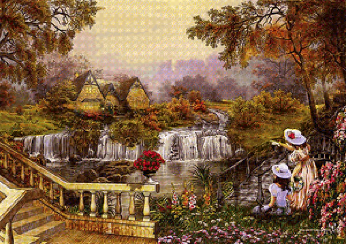 Пейзаж - дом, водопад, люди - предпросмотр