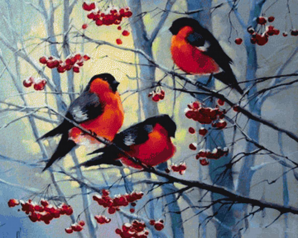 снегири - деревья, пнк, птицы, зима, снегири, снег, рябина - предпросмотр