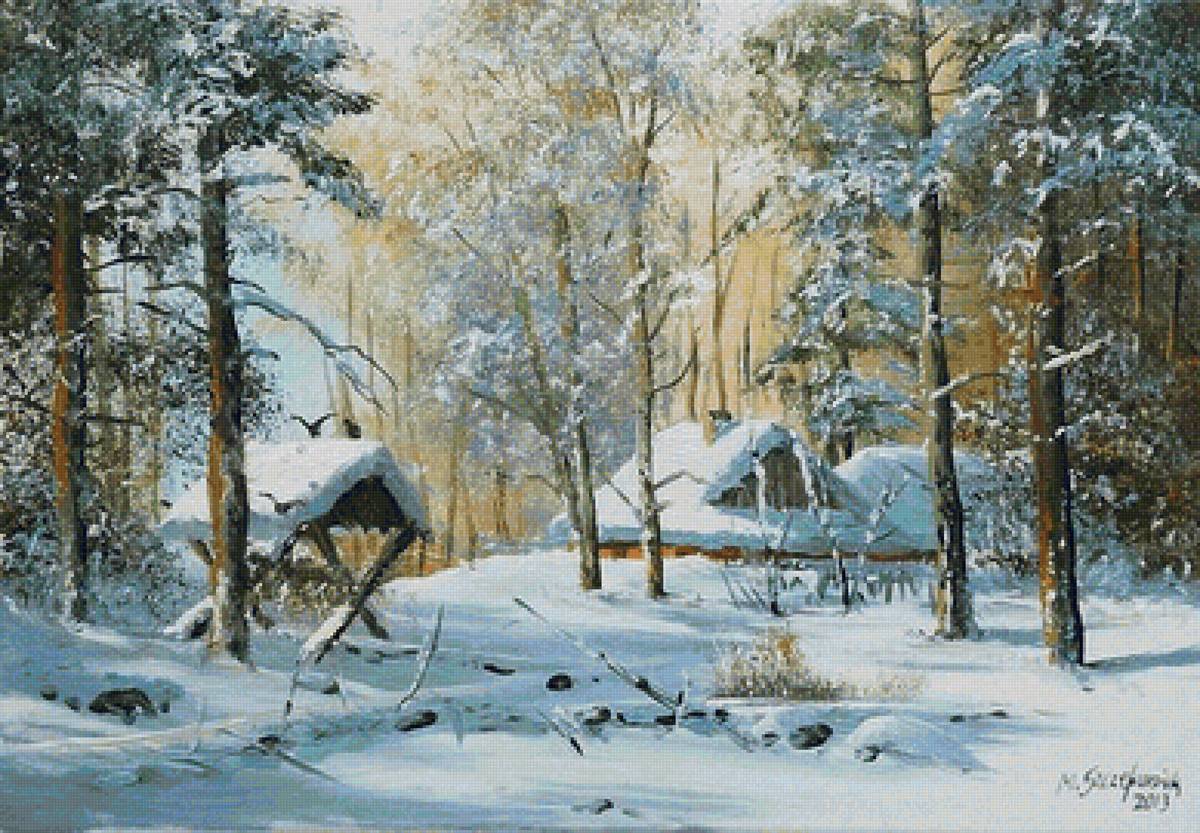 Зима - пейзаж, домик, снег, зима, лес - предпросмотр