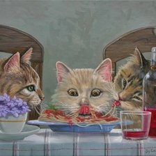 Gatos almoçando.