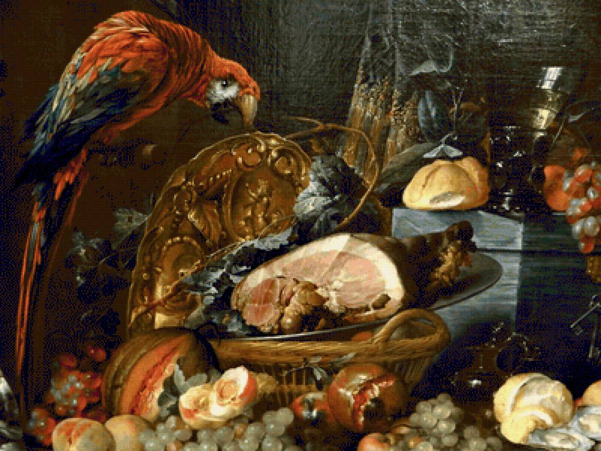 ЯН ДАВИДС ДЕ ХЕМ. НАТЮРМОРТ С ФРУКТАМИ,ОКОРОКОМ И ПОПУГАЕМ - еда, натюрморт - предпросмотр