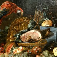 ЯН ДАВИДС ДЕ ХЕМ. НАТЮРМОРТ С ФРУКТАМИ,ОКОРОКОМ И ПОПУГАЕМ