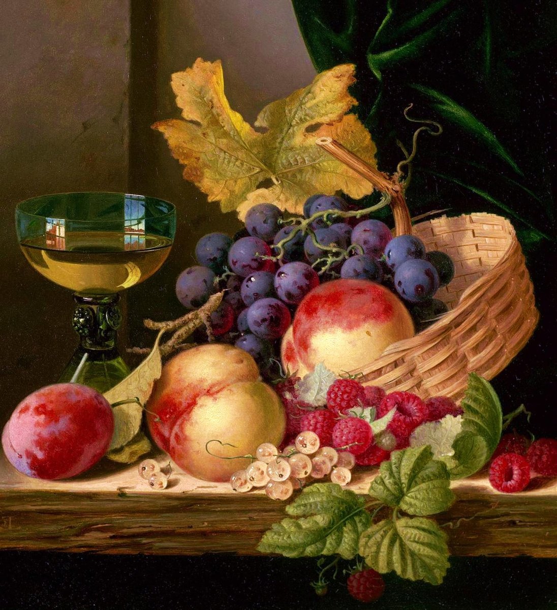 ЭДВАРД ЛАДЕЛЛ. НАТЮРМОРТ. ВИНОГРАД, ПЕРСИКИ, ЯГОДЫ И БОКАЛ ВИНА - фрукты, натюрморт - оригинал