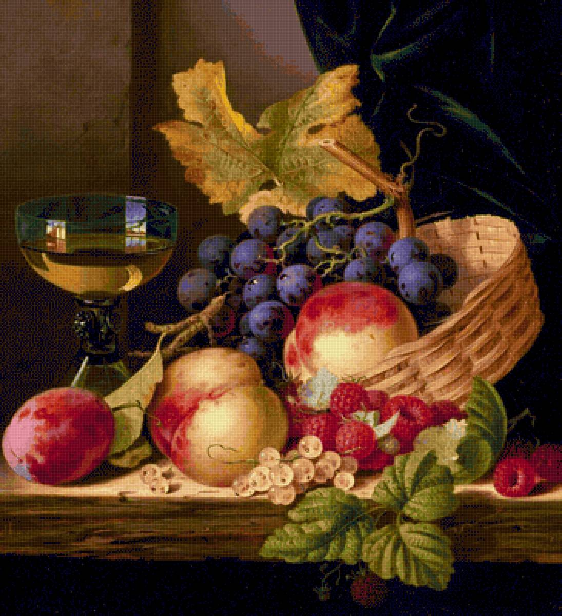 ЭДВАРД ЛАДЕЛЛ. НАТЮРМОРТ. ВИНОГРАД, ПЕРСИКИ, ЯГОДЫ И БОКАЛ ВИНА - натюрморт, фрукты - предпросмотр