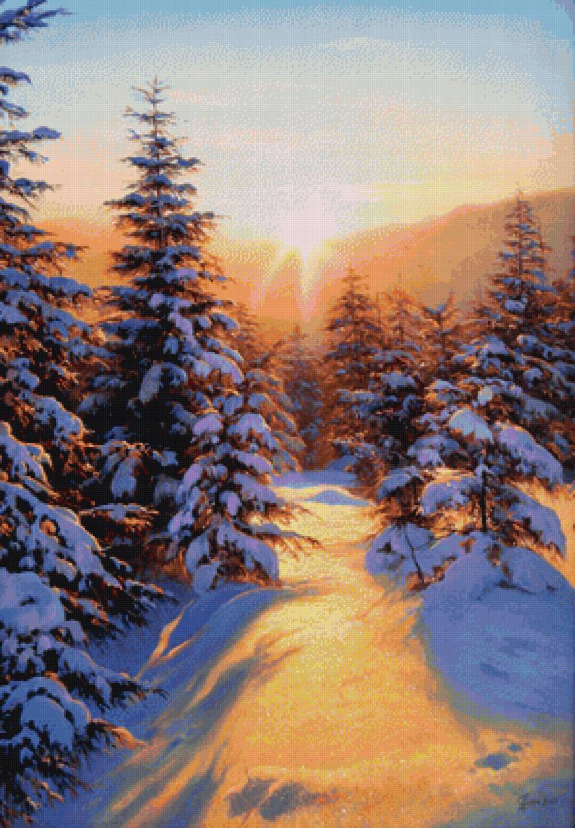 зимний рассвет - лес, солнце, рассвет, снег, зима, пнк - предпросмотр