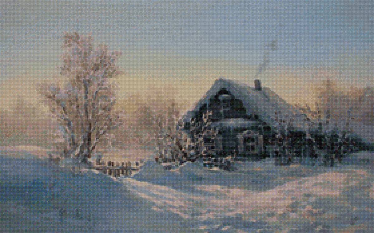 избушка - снег, деревья, зима, дом, пнк, дым, труба - предпросмотр