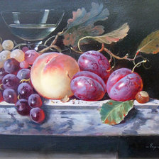 Схема вышивки «РЭЙМОНД КЭМПБЕЛЛ. НАТЮРМОРТ С ВИНОГРАДОМ, ПЕРСИКОМ И СЛИВАМИ»