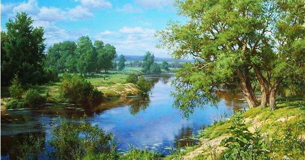 Летний берег (по мотивам картины С.Басова) - лето берег река - оригинал
