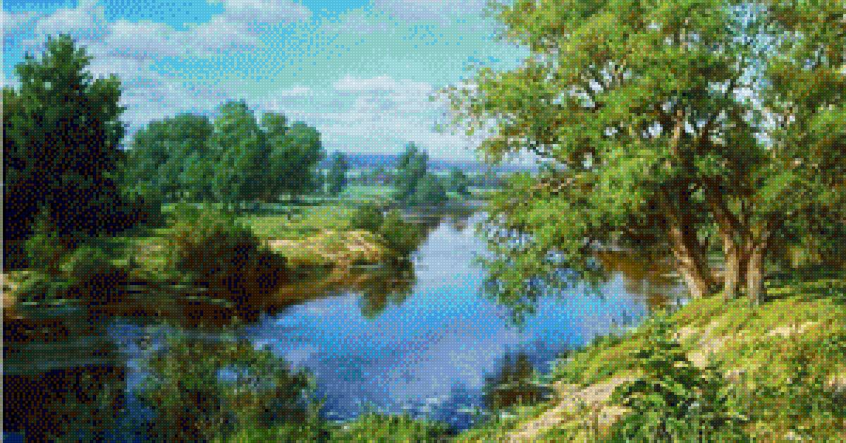 Летний берег (по мотивам картины С.Басова) - лето берег река - предпросмотр